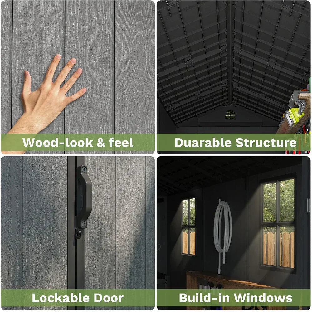 Pro Grade 6ft x 4ft Premium Plastic Garden Shed Double Door - Grey Wood Touch Texture