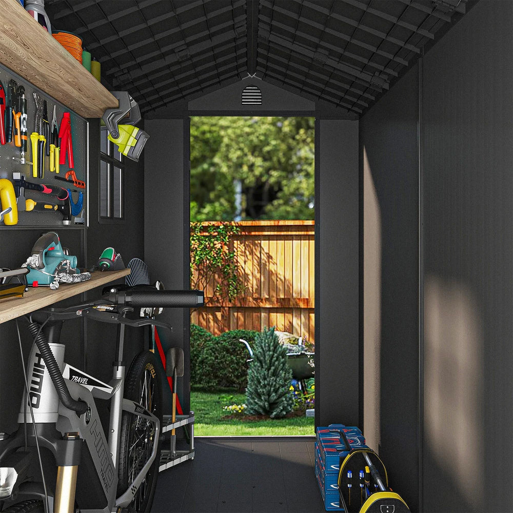 Pro Grade 6ft x 8ft Premium Plastic Double Door Garden Shed - Grey Wood Touch Texture